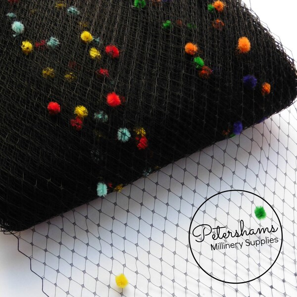 Rainbow Dotted Veiling 23cm/9 inch wide for fascinators, millinery 1m (1.09 yards) - Black