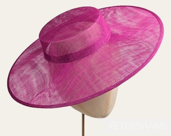 Large Brim Sinamay Boater Fascinator Hat Base for Millinery & Hat Making - Cerise Pink