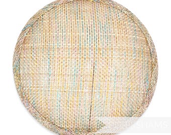 May include: A round, woven hat base made of straw with a multi-colored, iridescent finish. The base is perfect for creating a custom hat.