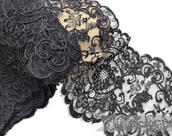 Black Extra Wide 24cm Beautiful Classic Floral Vintage 1980's Double Scallop Edge Lace for Millinery and Crafts - 1m