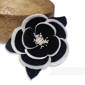 12cm &#39;Winona&#39; Double Petal Velvet Camellia Millinery Flower - For Fascinators and Hat Trimming - Black with White