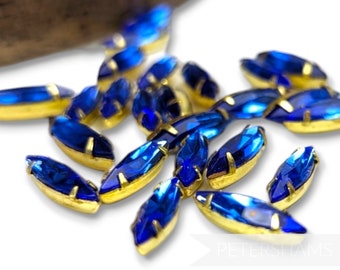 Sapphire 15mm Vintage Glass Marquise Shaped Encased Jewels for Millinery, Craft & Jewellery Making- 24 Pieces