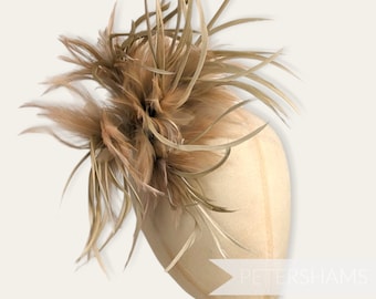 Mega Fluffy Hackle & Goose Biot Feather Hat Mount for Millinery and Hat Making - Warm Sand