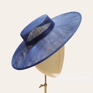 Large Brim Sinamay Boater Fascinator Hat Base for Millinery & Hat Making - Navy Blue