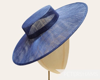 Large Brim Sinamay Boater Fascinator Hat Base for Millinery & Hat Making - Navy Blue