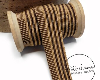 25mm No.5 Irregular Stripe Millinery Petersham Hat Ribbon for Hat Making - 1m - Tan & Brown