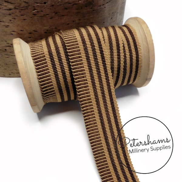 25mm No.5 Irregular Stripe Millinery Petersham Hat Ribbon pour la fabrication de chapeaux - 1m - Tan & Brown