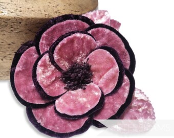 12cm 'Winona' Double Petal Velvet Camellia Millinery Flower - For Fascinators and Hat Trimming - Dusky Pink with Plum