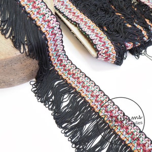 Embroidered Folk Ribbon with Black Fringe for Hat Trimming & Millinery - 1m