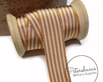 25mm No.5 Simple Striped Millinery Petersham Hat Ribbon for Hat Making - 1m - Tan & Beige Stripe