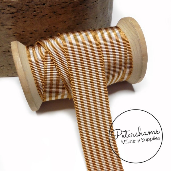 25mm No.5 Simple Striped Millinery Petersham Hat Ribbon for Hat Making - 1m - Tan & Beige Stripe