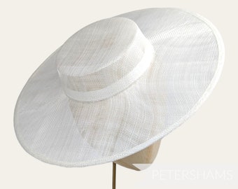 Large Brim Sinamay Boater Fascinator Hat Base for Millinery & Hat Making - White