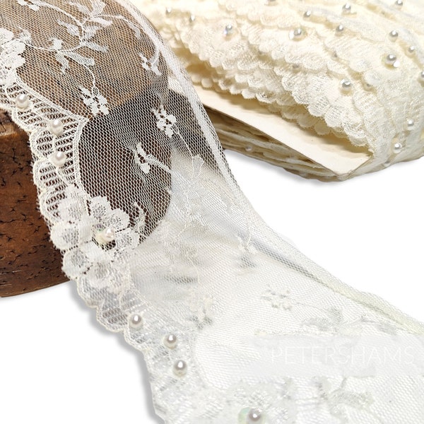 85mm Pearl Adorned Ivory Lace with Floral Weave - 1m - For Hat Trimming and Dressmaking