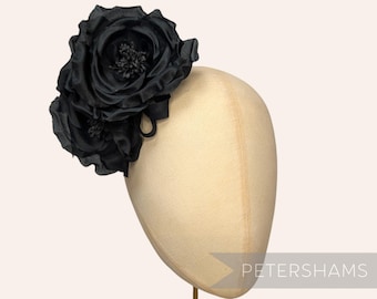Black Silk 'Fiona' Double Rose Millinery Fascinator Flower Hat Mount
