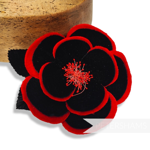 12cm 'Winona' Double Petal Velvet Camellia Millinery Flower - For Fascinators and Hat Trimming - Black with Red