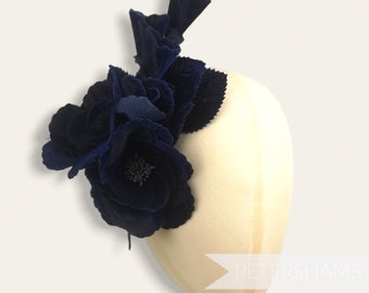 Large 'Josie' 20cm Velvet & Organza Millinery Flower Hat Mount for Millinery- Navy Blue