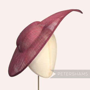 Peut inclure: Un chapeau bordeaux avec un large bord et un bord incurvé vers le haut. Le chapeau est présenté sur une tête de mannequin. Le matériau du chapeau semble être tissé, avec une texture légèrement transparente. Le mot "PETERSHAMS" est visible dans le coin inférieur droit.