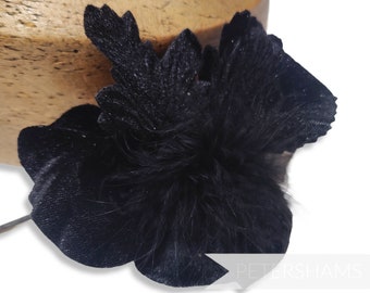 Marabou and Silk Velvet Wired  'Addilynn' Orchid Flower for Millinery and Hat Trimming - Black
