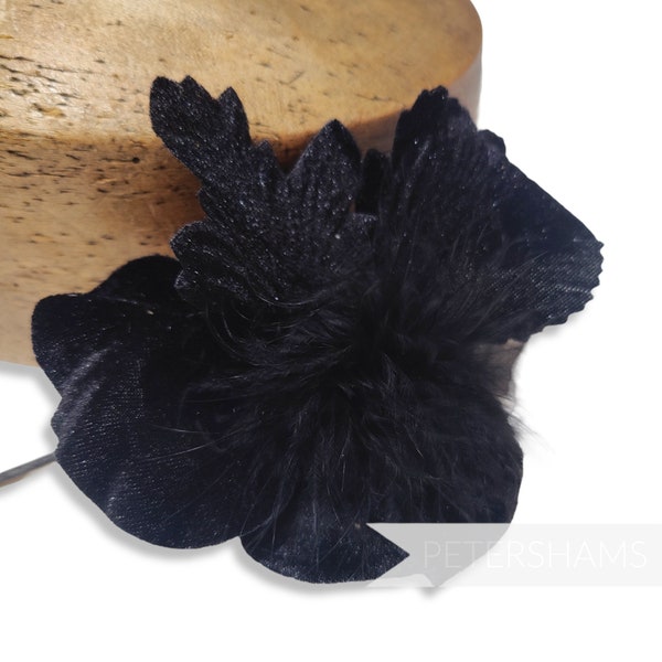 Marabou and Silk Velvet Wired  'Addilynn' Orchid Flower for Millinery and Hat Trimming - Black