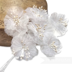 6 Organza Blossom 'Beatriz' Silk Flowers - For Fascinators, Millinery and Hat Making - White