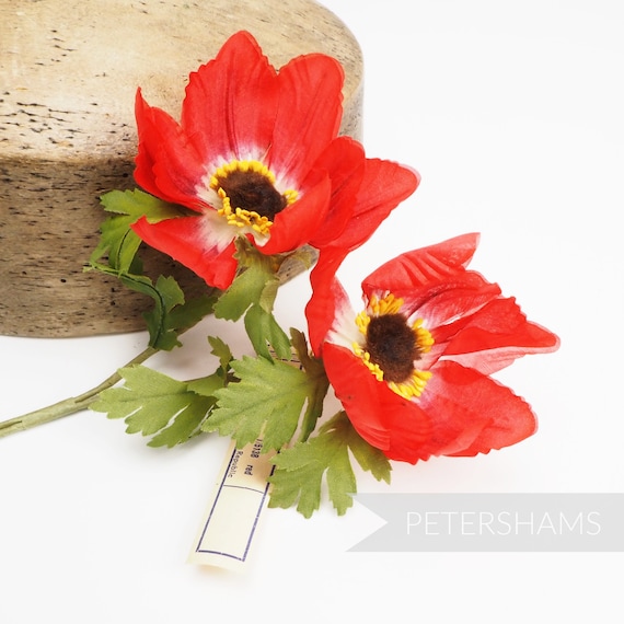 Vintage 1940's-50's 'Molly' German Anemone Silk Flower Millinery Hat Mount for Fascinators and Hat Making - Red