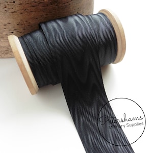 38mm Wide Moire Grosgrain Ribbon for Millinery and Hat Making - 1m - Black