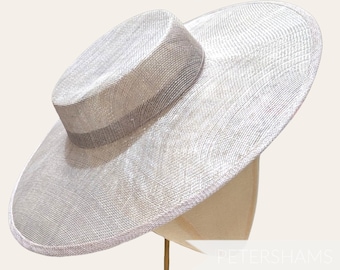 Metallic Lurex Large Brim Sinamay Boater Fascinator Hat Base - Pale Grey with Silver