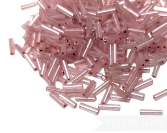 7mm Vintage Long Glass Bugle Beads - Approx. 250 beads Clear Metallic Pink