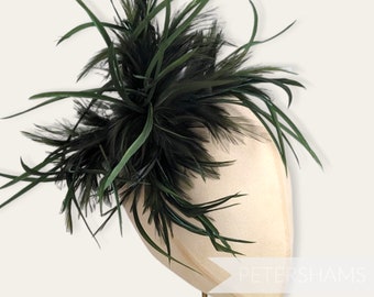 Mega Fluffy Hackle & Goose Biot Feather Hat Mount for Millinery and Hat Making - Moss Green