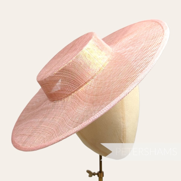 Metallic Lurex Large Brim Sinamay Boater Fascinator Hat Base - Pale Pink with Gold