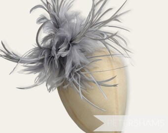 Mega Fluffy Hackle & Goose Biot Feather Hat Mount for Millinery and Hat Making - Pale Grey