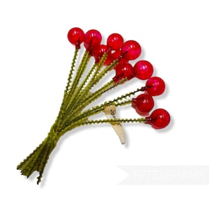 Vintage &#39;Gladys&#39; Japanese Glass Pips on Chenille Stems - 12 stems for Millinery and Hat Making - Red