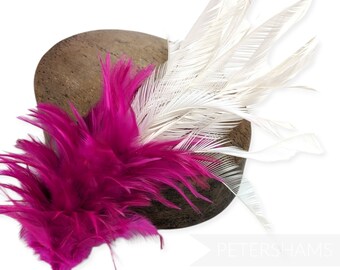 Large Zippered Goose Biot and Hackle Feather Hat Mount for Millinery and Hat Making - Magenta