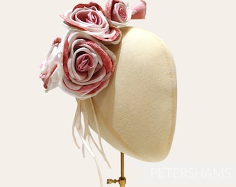 Silk and Velvet 'Cathleen' Triple Blossom Millinery Flower Hat Mount For Fascinators and Hat Making - Ivory & Old Rose