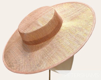 Metallic Lurex Large Brim Sinamay Boater Fascinator Hat Base - Blush with Gold