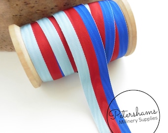 Vintage 25mm Wide Striped Moire Grosgrain Ribbon - 1m (1.09 yards) - Royal, Burgundy & Aqua