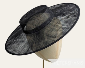 Large Brim Sinamay Boater Fascinator Hat Base for Millinery & Hat Making - Black