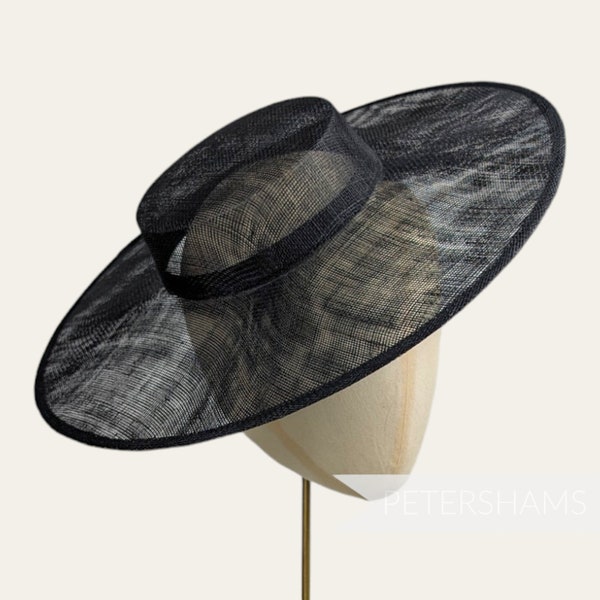 Large Brim Sinamay Boater Fascinator Hat Base for Millinery & Hat Making - Black