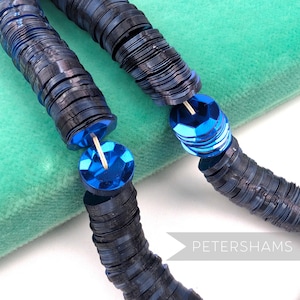 May include: Close-up of two strands of dark blue sequin trim, connected by faceted blue jewel-like beads. The sequins are stacked, creating a textured, cylindrical shape. The background is a soft, light green fabric. The text "PETERSHAMS" is visible in the lower right corner.