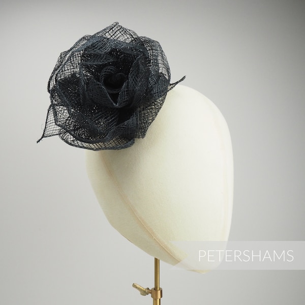 Large Sinamay Cabbage Rose Flower 'Valentina' Millinery Hat Mount - For Hat Making - Black