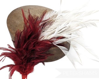 Large Zippered Goose Biot and Hackle Feather Hat Mount for Millinery and Hat Making - Deep Red