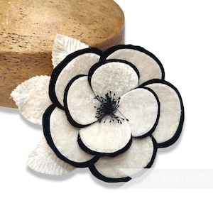 12cm &#39;Winona&#39; Double Petal Velvet Camellia Millinery Flower - For Fascinators and Hat Trimming - Ivory with Black