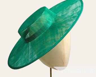 Large Brim Sinamay Boater Fascinator Hat Base for Millinery & Hat Making - Emerald Green