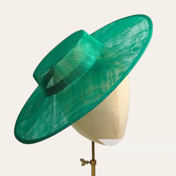 Large Brim Sinamay Boater Fascinator Hat Base for Millinery & Hat Making - Emerald Green