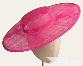 Large Brim Sinamay Boater Fascinator Hat Base for Millinery & Hat Making - Fuchsia Pink