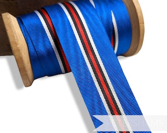 May include: A spool of blue ribbon with white and red stripes. The ribbon is wound around a wooden spool.