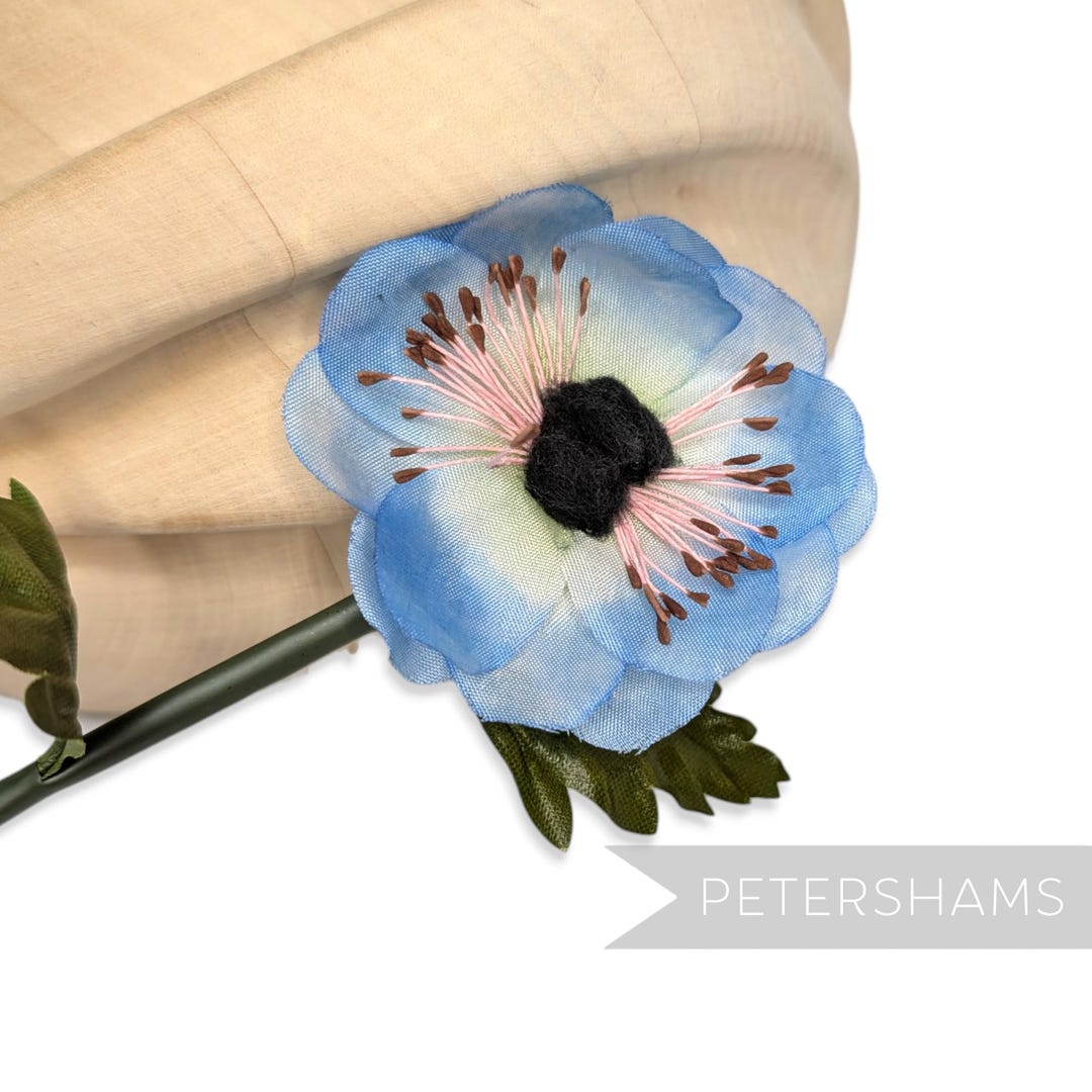 260　アネモネ Blue 'antozo' Vintage 1960s Silk 6.5cm Anemone Flower Wired Flower