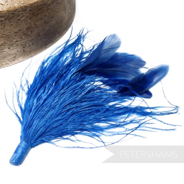Ostrich & Stripped Coque Feather Millinery Fascinator Hat Mount - Royal Blue