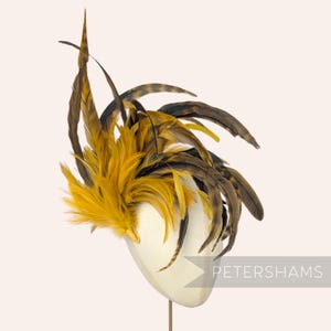 Puede incluir: Tocado llamativo con una vibrante disposición de plumas en tonos dorados y marrones. Las plumas están dispuestas para crear un diseño dramático y llamativo. El tocado se exhibe sobre una cabeza de maniquí blanca.