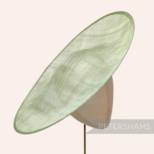 May include: A pale green, wide-brimmed hat with a rounded crown, displayed on a mannequin head. The hat has a delicate, woven texture and a subtle sheen. The brim is large and flat, creating a dramatic silhouette. The text "PETERSHAMS" is visible.
